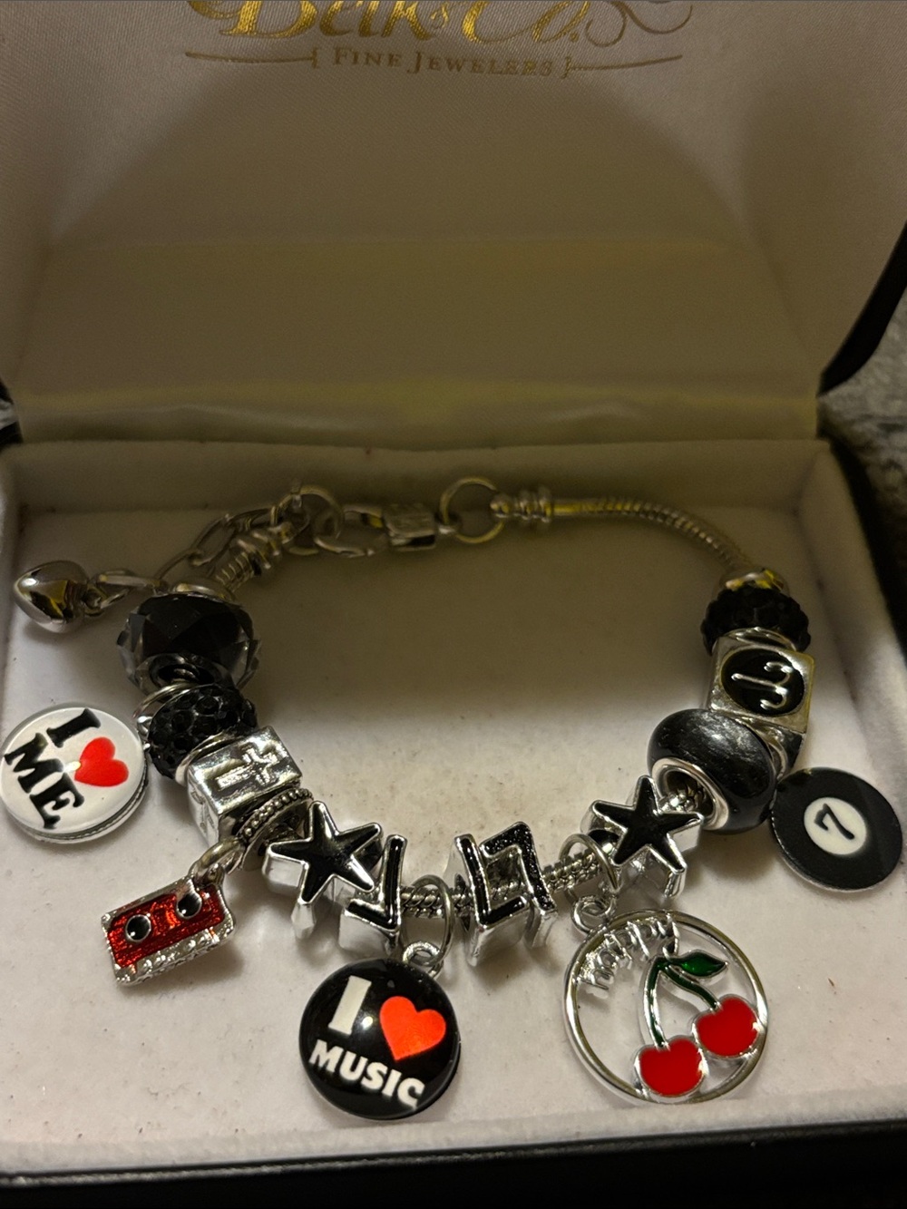 Silver-Tone Black & Red Charm Bracelet — I Love Music Cherry Motif